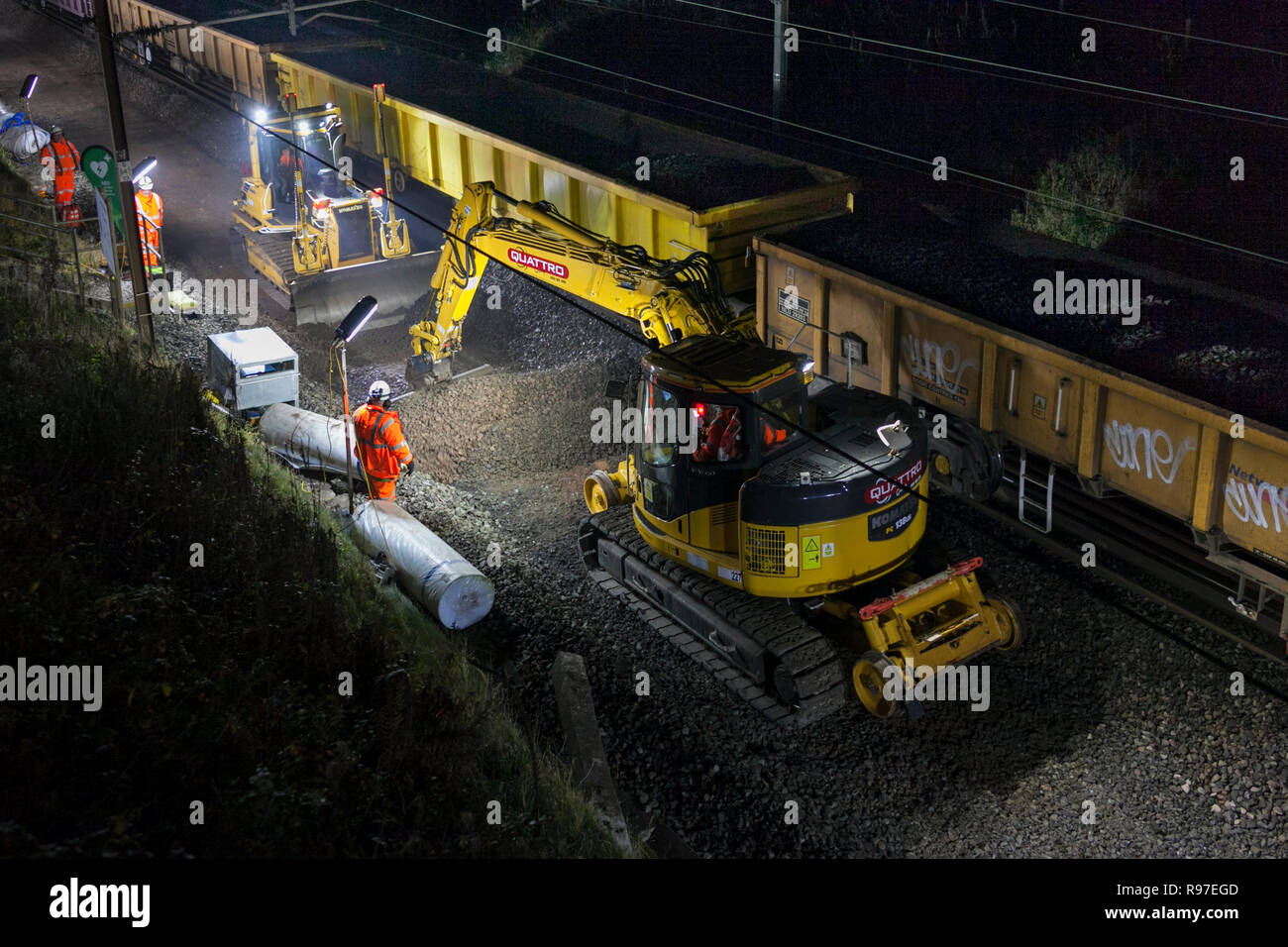 Network Rail track renewal under way during a night time possession on ...