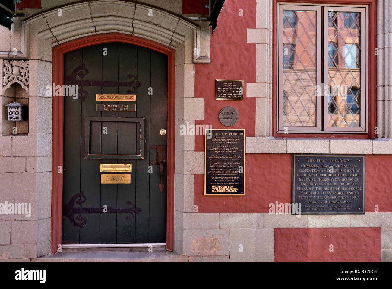 Door and front of Denver Press Club with plaque of American first constitution amendment on free speech Stock Photo