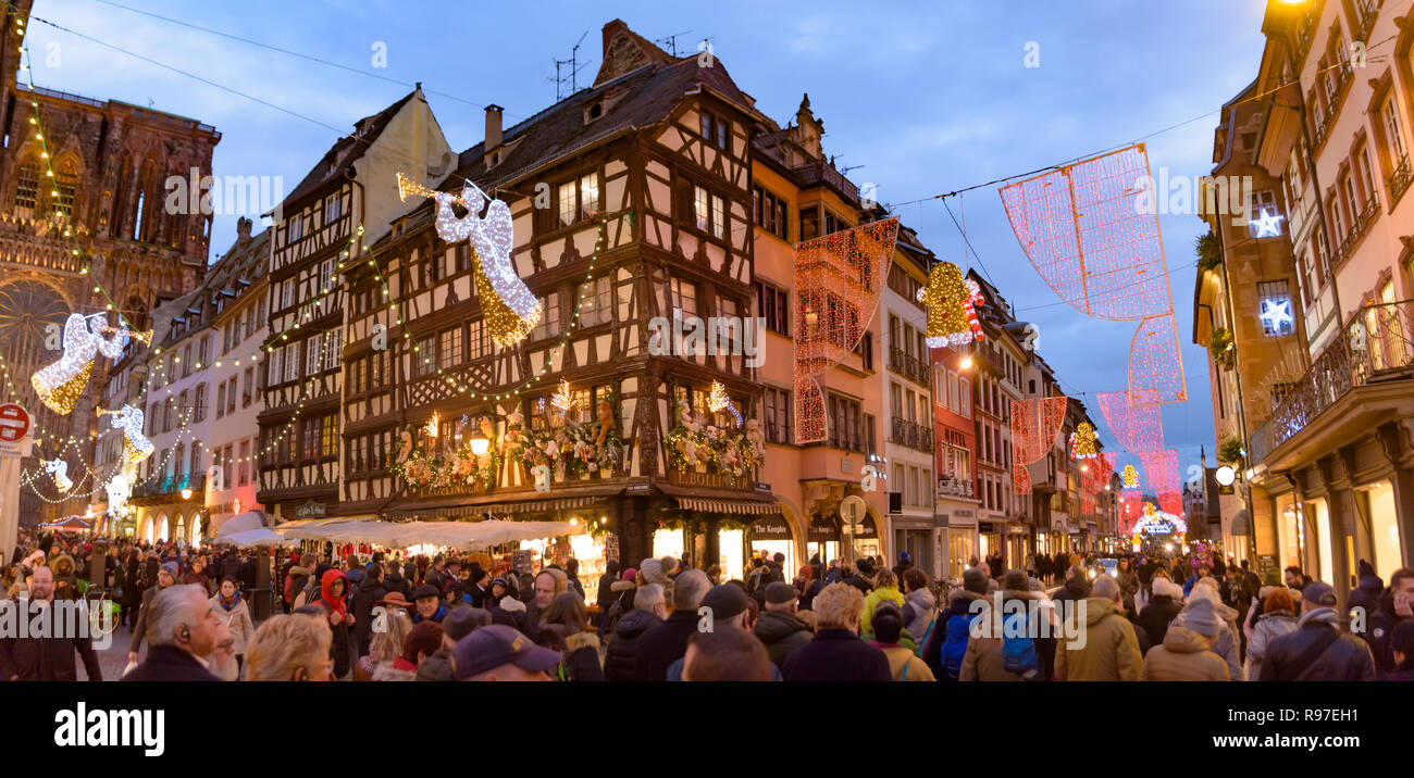 2018 Christmas market in Strasbourg, the capital de Noel in Alsace area, France Stock Photo