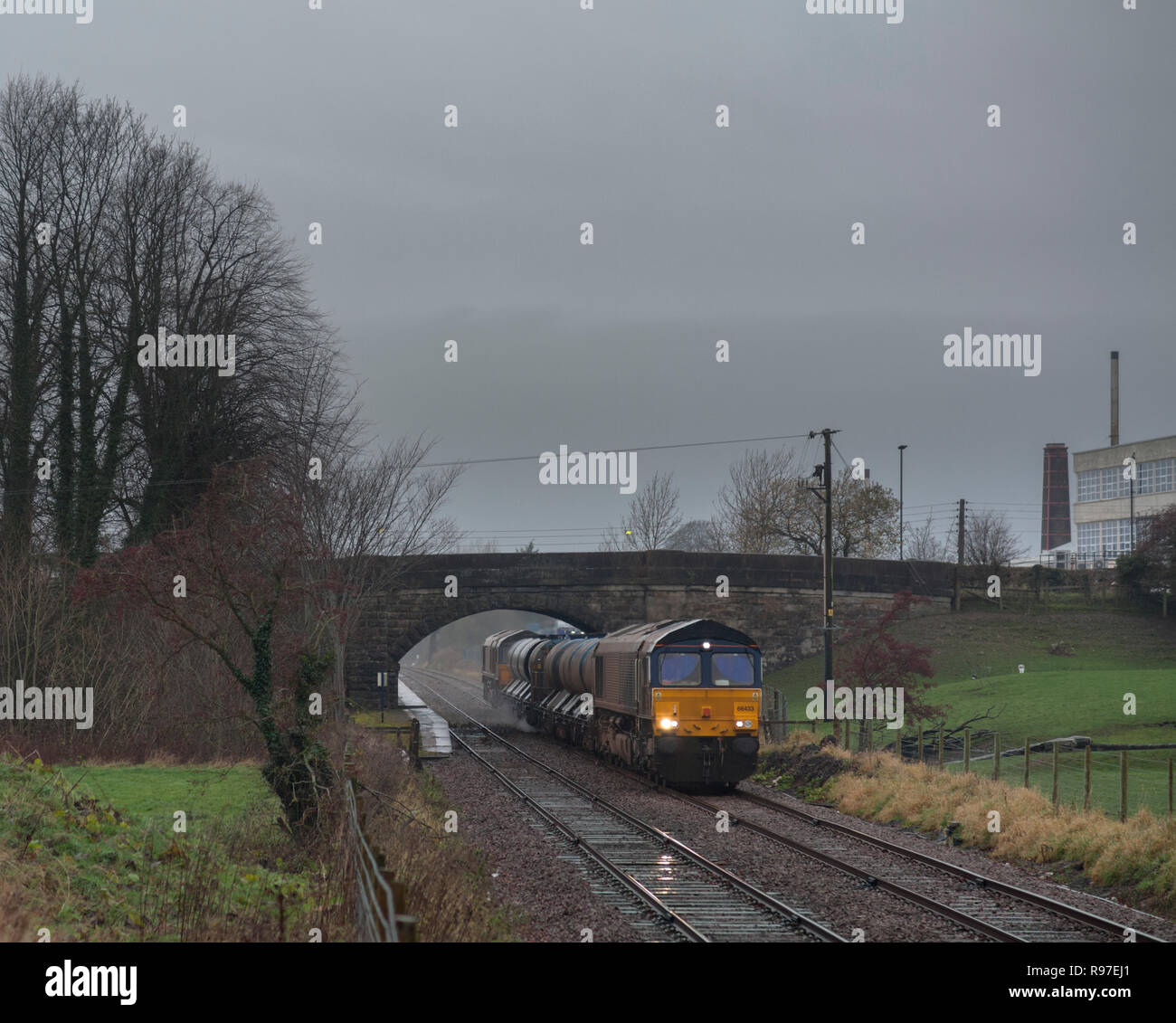 2 Direct rail Services class 66 locomotives passing Bentham with a ...