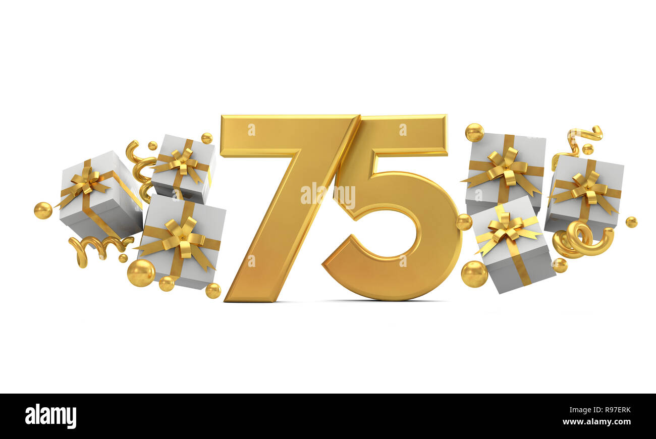 Number 75 gold birthday celebration number with gift boxes. 3D Rendering Stock Photo