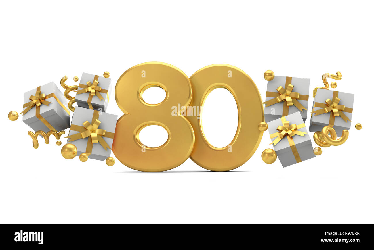 Number 80 gold birthday celebration number with gift boxes