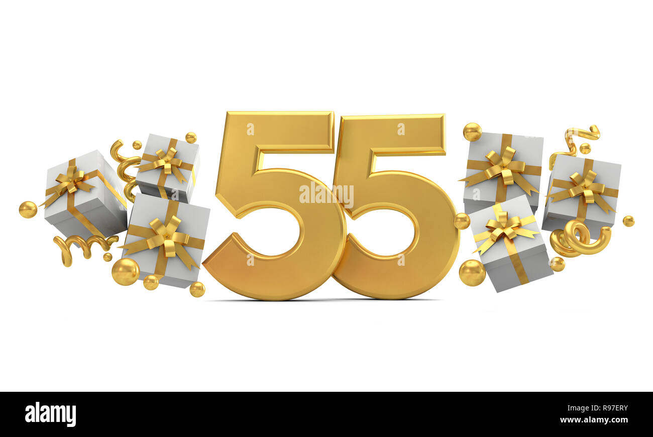 Number 55 gold birthday celebration number with gift boxes. 3D