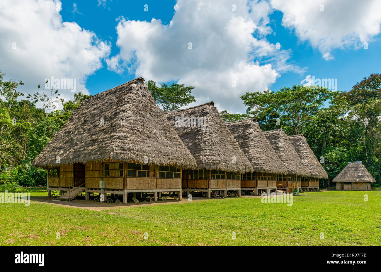 Traditional housing in large wooden huts with palm leaf roof in the Amazon Rainforest, Yasuni national park, Ecuador. Stock Photo