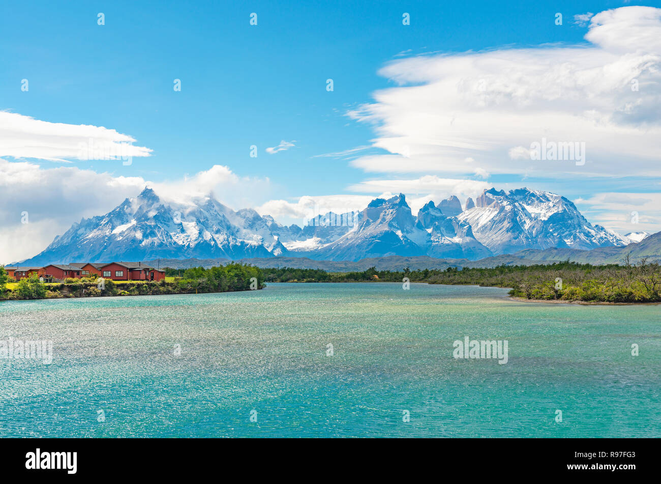 The Cuernos and Torres del Paine along the Serrano River in summer inside the Torres del Paine national park, Puerto Natales, Patagonia, Chile. Stock Photo