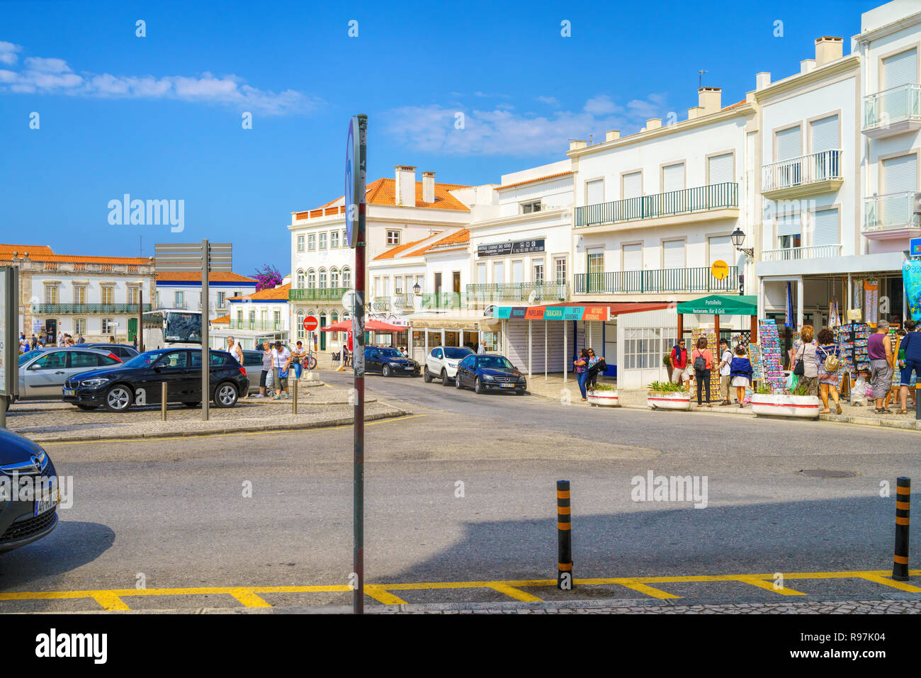 View of the central street and square with traditional shops at picturesque seaside village Nazare Stock Photo