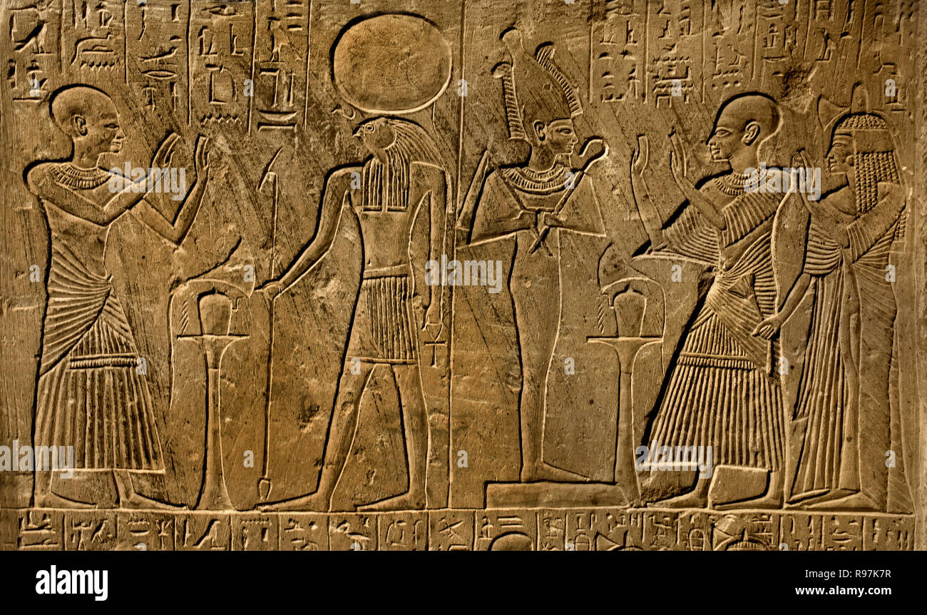 Hori ( rectangle standing; cornice; pyramidion) stèle - stela, limestone 145 x 95 x 19 cm, 380 kg New Empire; 19th Dynasty ca. 1250-1200 BC. Egypt, Egyptian. Stock Photo