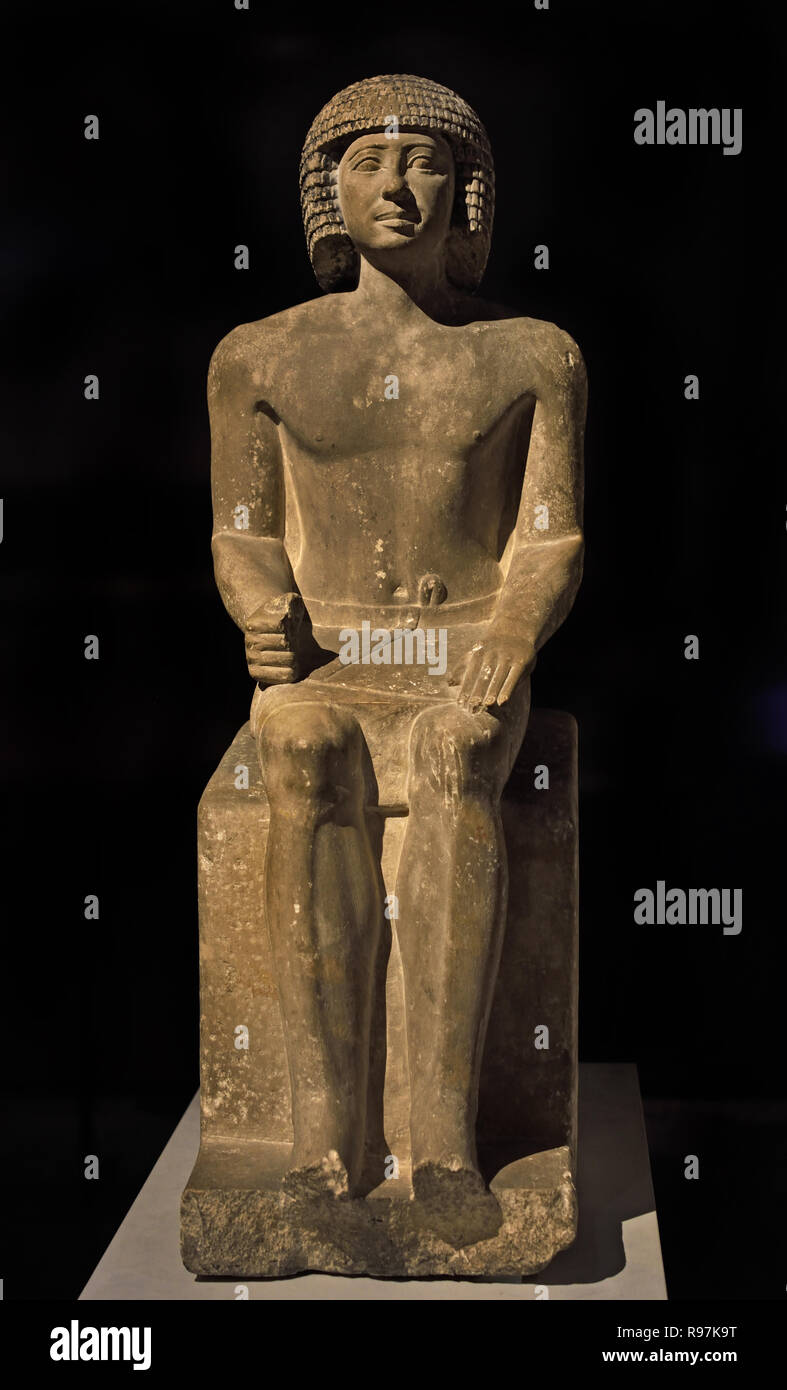 Sitting of a man (anonymous) 76 x 27 x 35 cm, 150 kg limestone, Period: Old Empire; 5th Dynasty 2465-2323 BC Egypt, Egyptian. Stock Photo