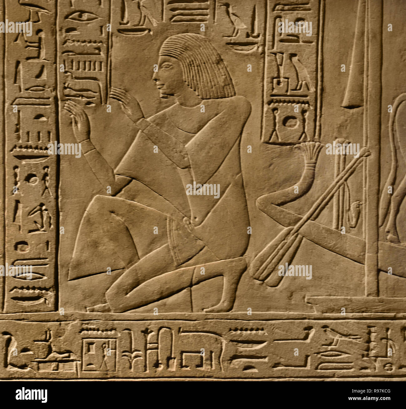 Ptahmes - Ptahmose  sacrifice; godimestone Dimensions: 110 x 129 x 20 cm (43 5/16 x 50 13/16 x 7 7/8 in.); c. 400 kg Period: New Empire; 19th Dynasty; Ramses I.Egypt, Egyptian. Stock Photo