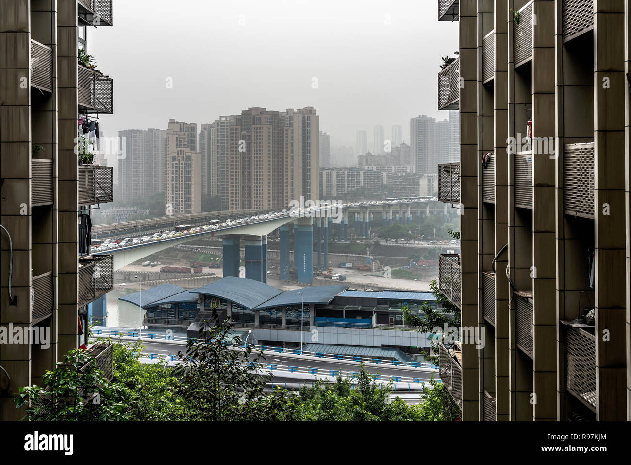 View of high rise city buildings on a foggy day in Chongqing, China Stock Photo