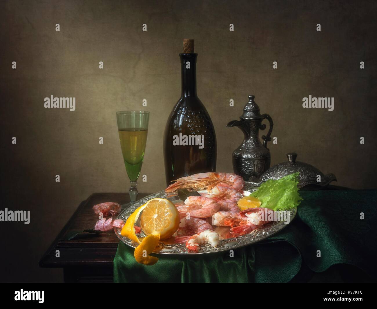 Still life with shrimp and white wine Stock Photo