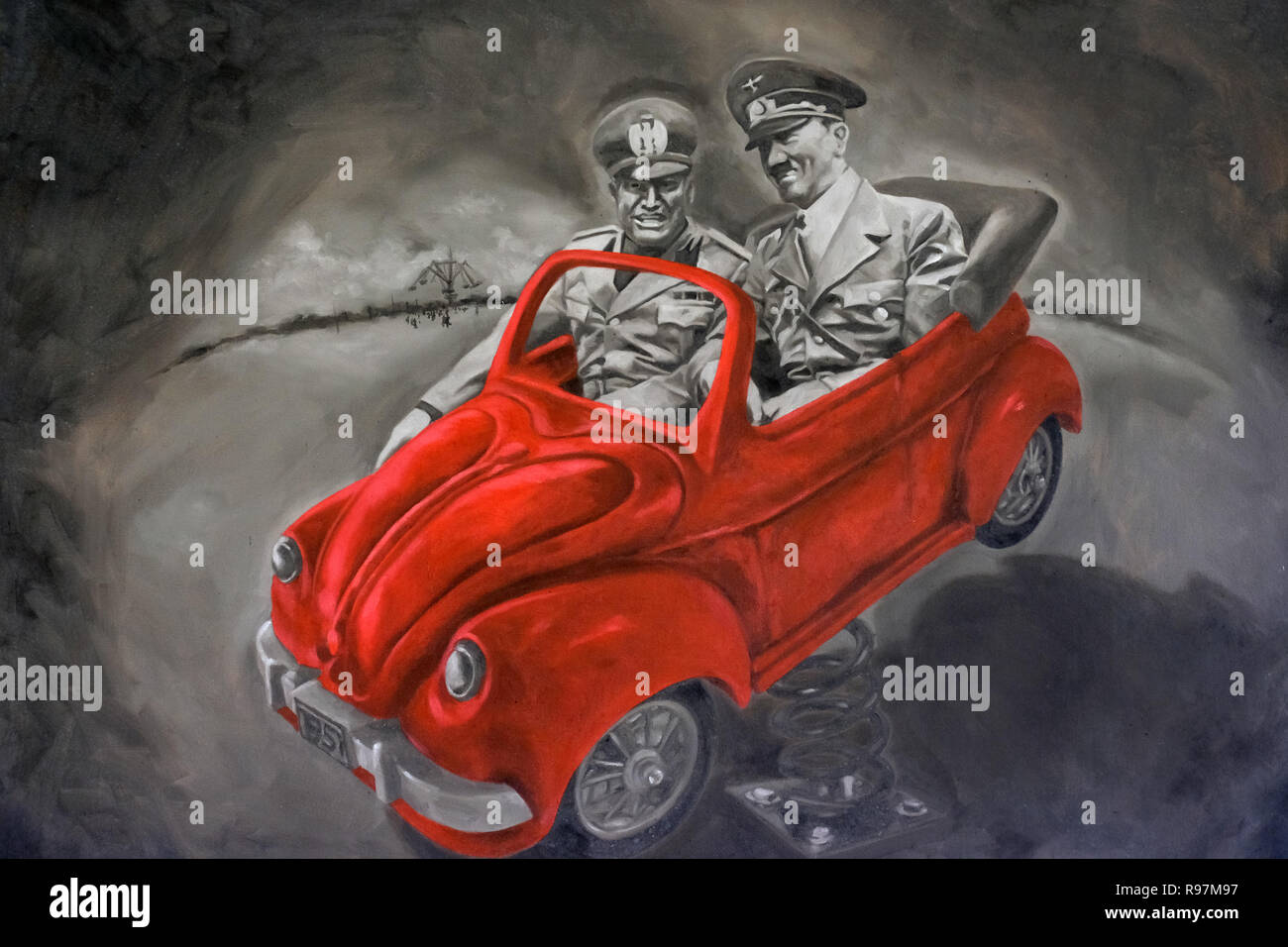 Contemporary artwork oil on canvas entitled 'We've been here for hours' (2013) by artist Keb Cerda depicting Hitler and Benito Mussolini sitting in a Volkswagen car displayed inside the Pinto Art Museum which display massive artwork collections of Dr. Joven Cuanang, owner of the Museum located in the city of Antipolo, in the province of Rizal in the Philippines. Stock Photo
