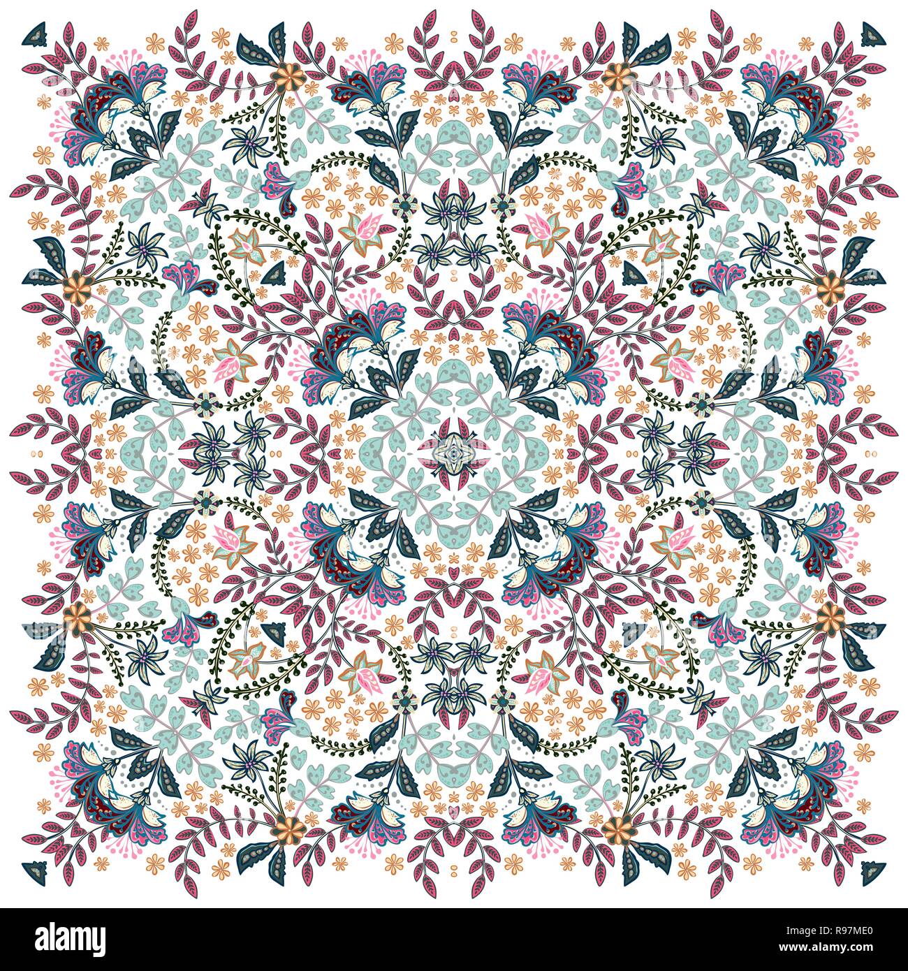 Vector ornate Bandana Print, silk neck scarf or kerchief square pattern