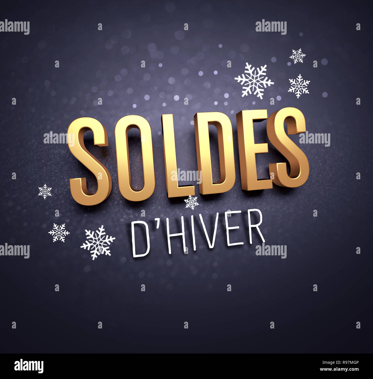 Gold Winter Sale writing in French language, with snowflakes shapes on black background - 3D illustration Stock Photo