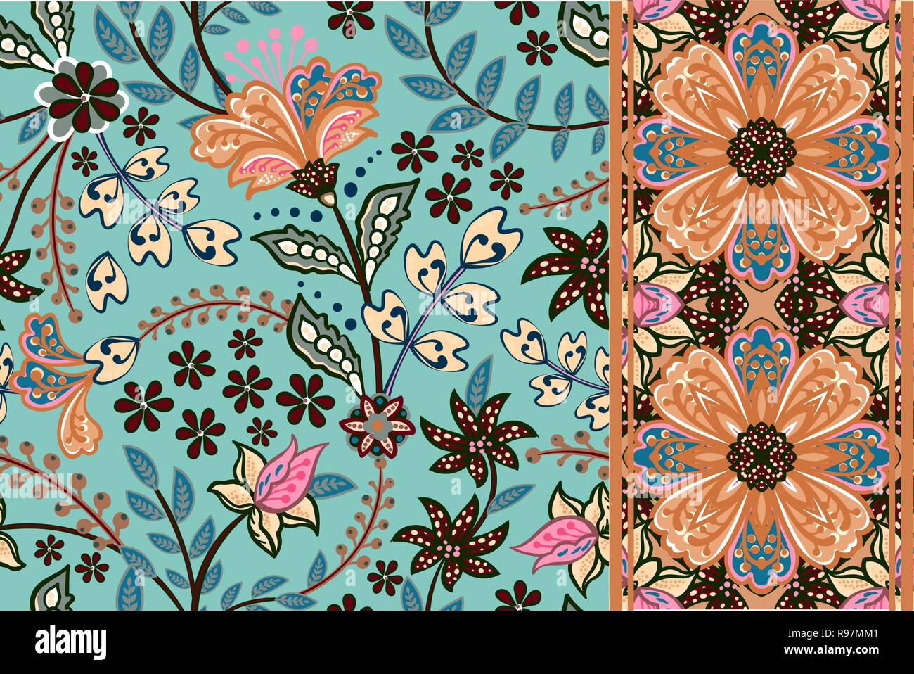 Set of seamless floral pattern and border for design. Hand draw vector ...
