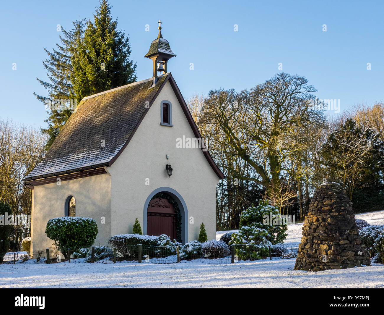 Winter at The Schoenstatt Shrine at Campsie Glen in Scotland which is modeled on the original shrine at Schoenstatt in Germany. Stock Photo