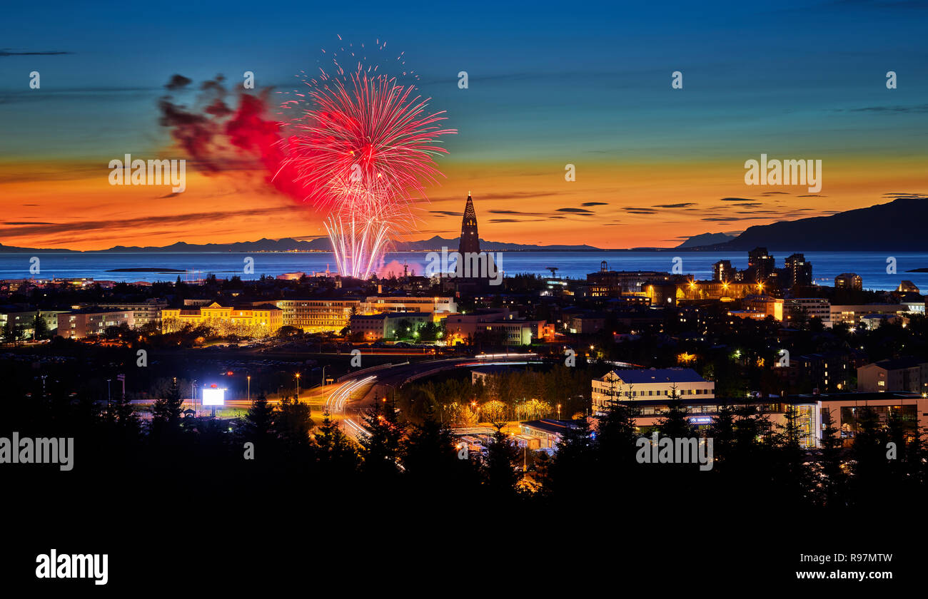 Fireworks over Reykjavik, Iceland. Menningarnott Festival. Stock Photo
