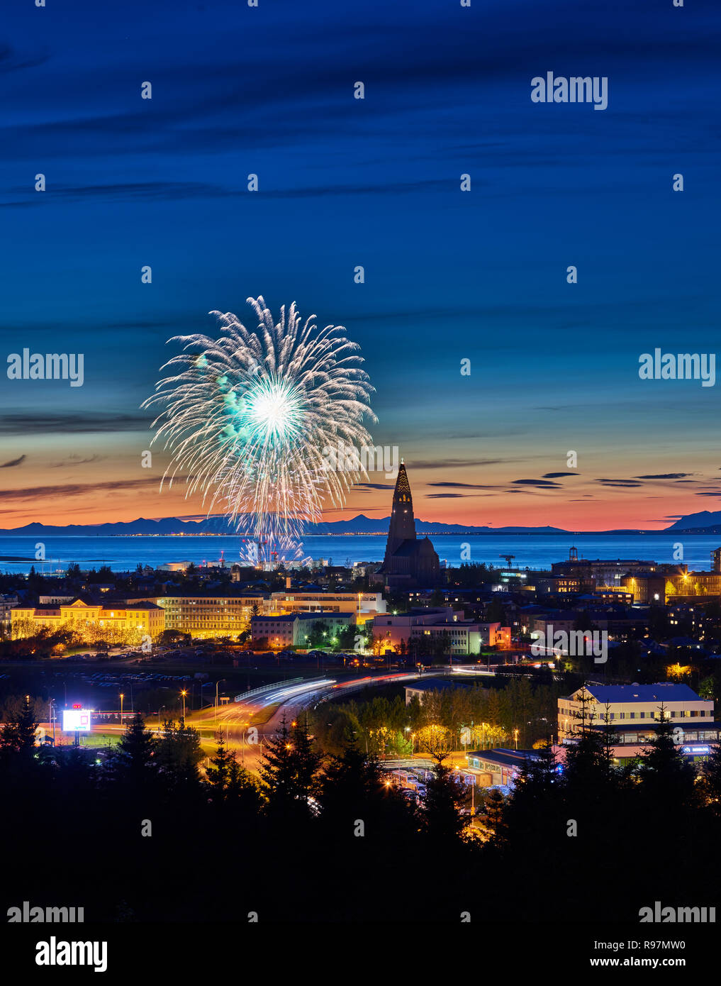 Fireworks over Reykjavik, Iceland. Menningarnott Festival. Stock Photo