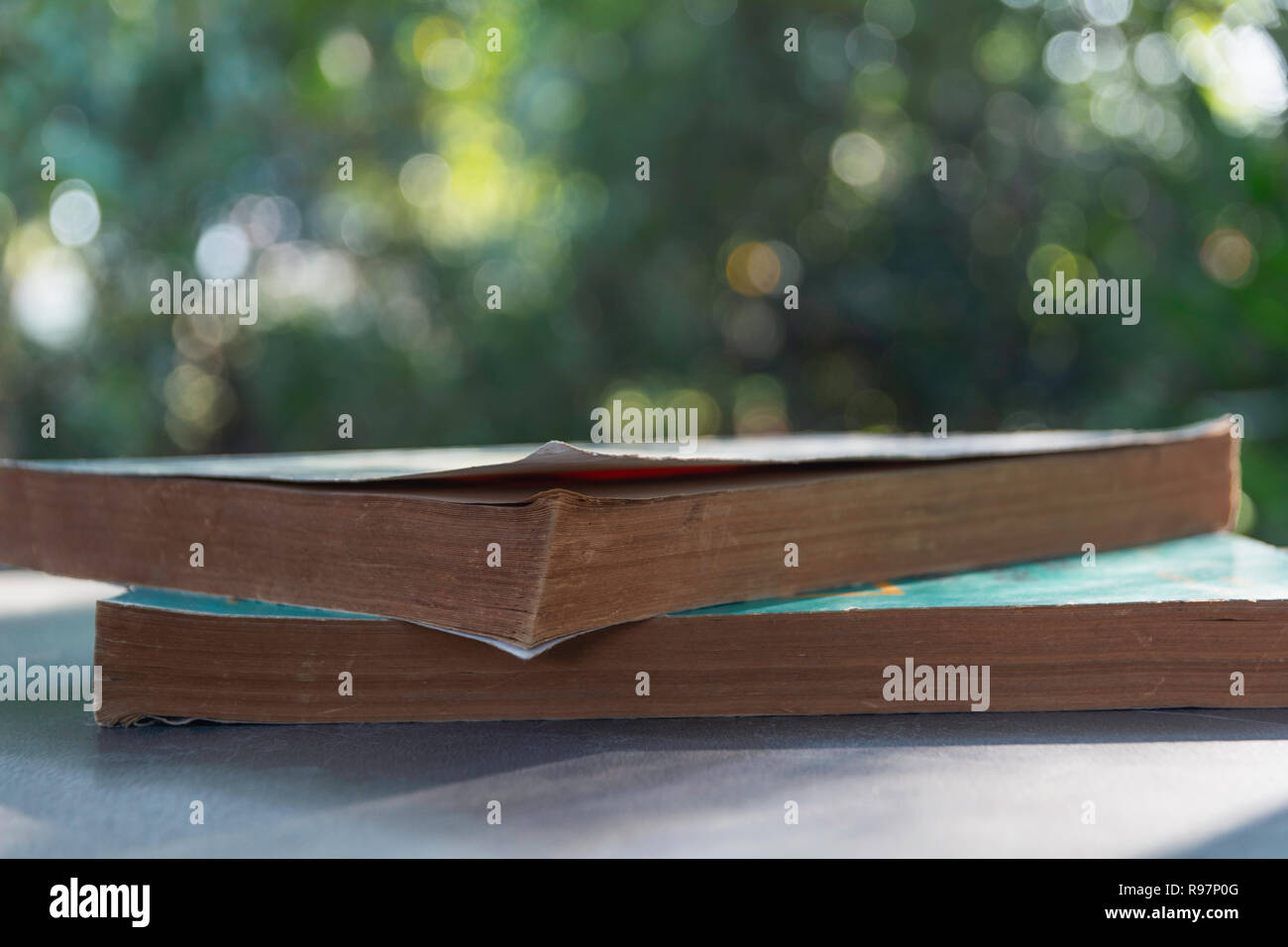 Pile of book on table and copy space for insert text. Stock Photo