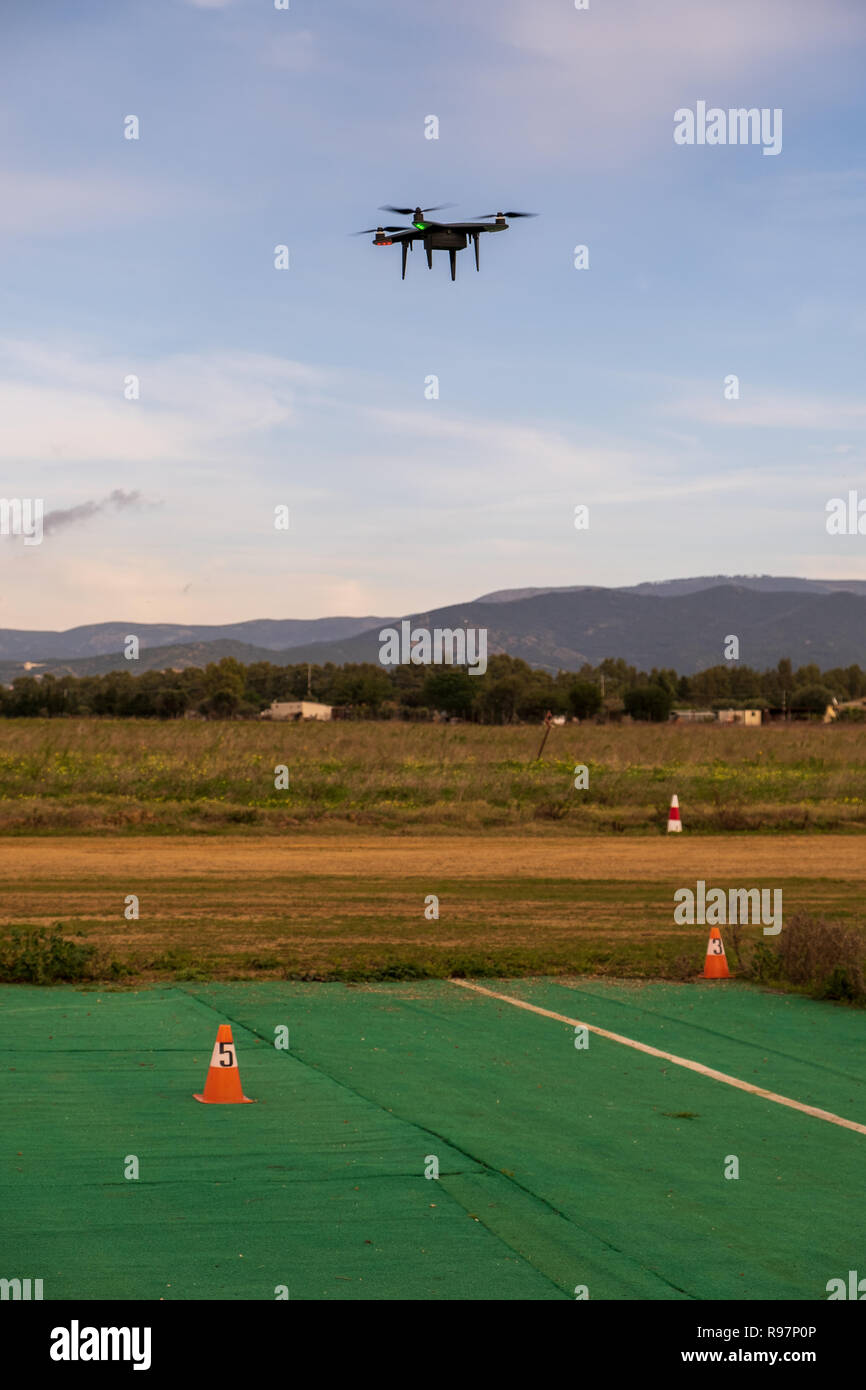 Drone used for exercises in a flying school. Drone used for an obstacle course. Stock Photo