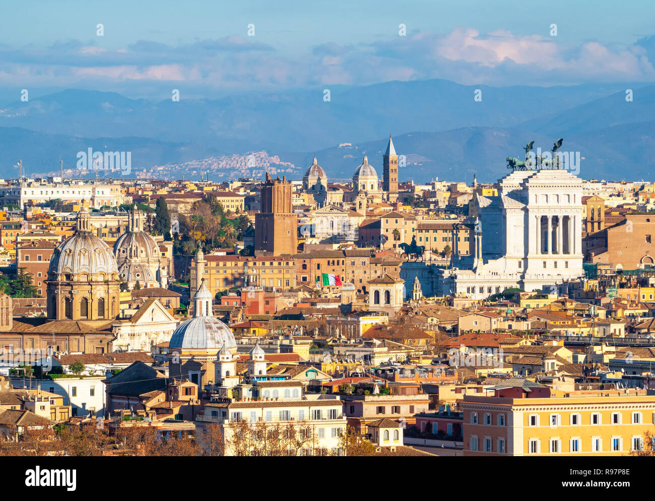 Rome (Italy) - The view of the city from Janiculum hill and terrace, with Vittoriano, Trinità dei Monti church and Quirinale palace. Stock Photo