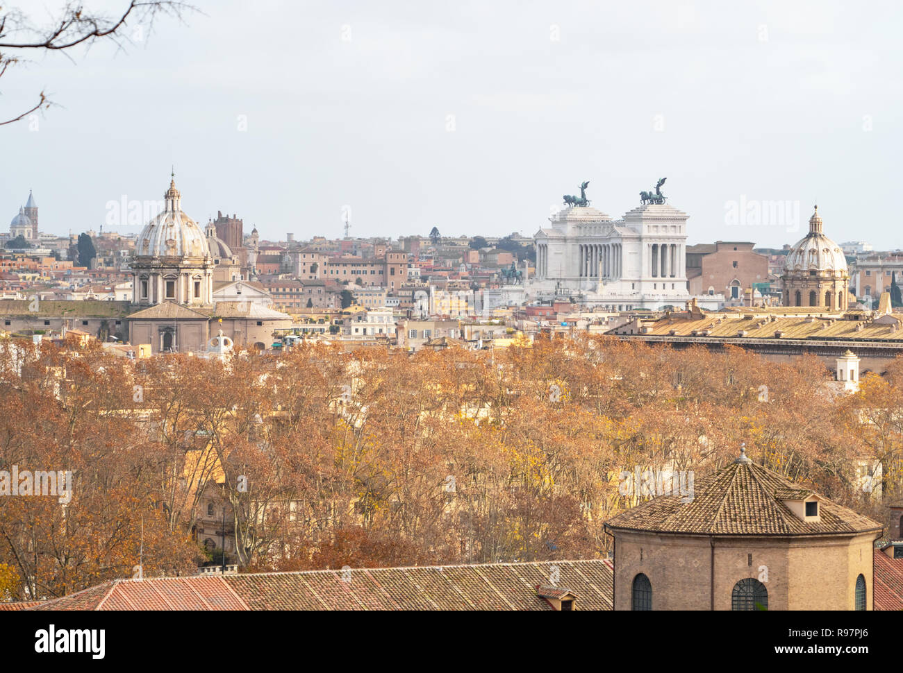Rome (Italy) - The view of the city from Janiculum hill and terrace, with Vittoriano, Trinità dei Monti church and Quirinale palace. Stock Photo