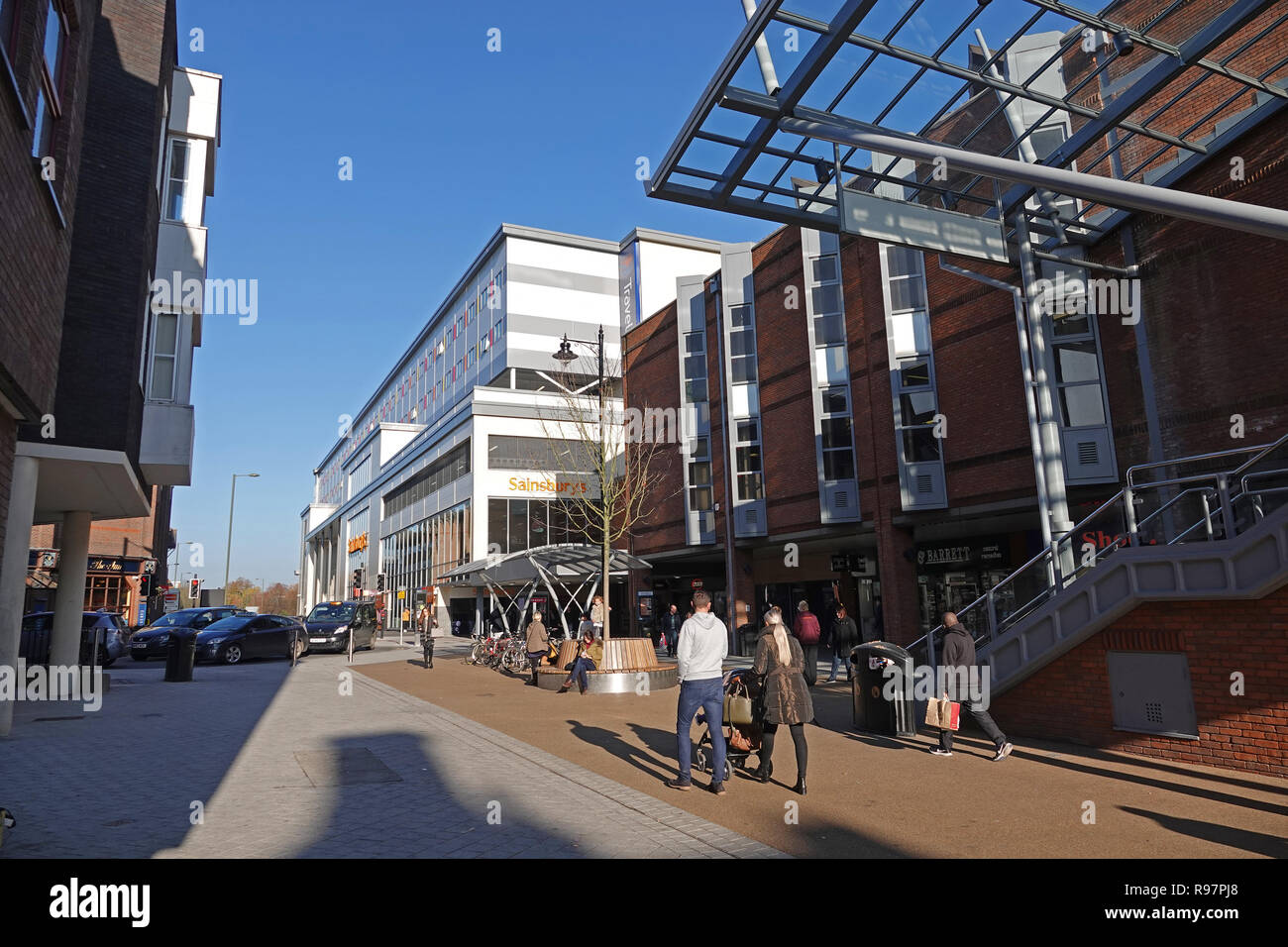 Redhill, Surrey, UK - town centre, facing north with Harlequin steps and Sainsbury's Stock Photo
