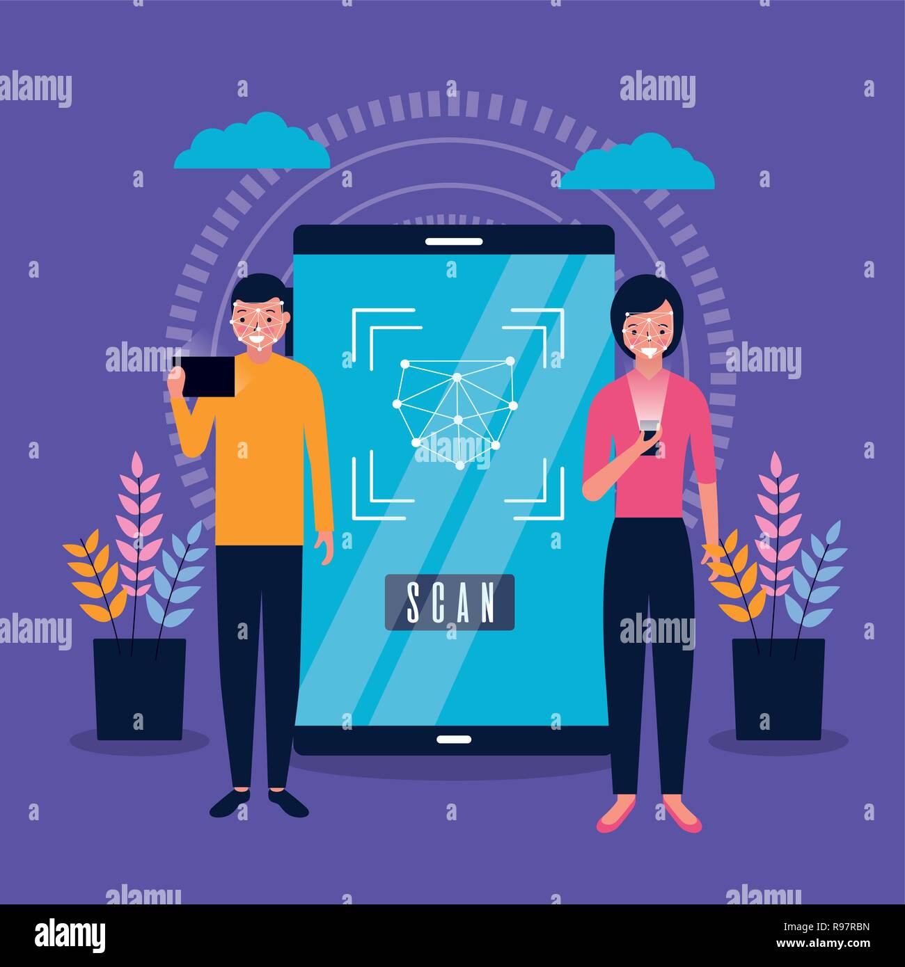 man and woman with mobile face scan vector illustration Stock Vector ...
