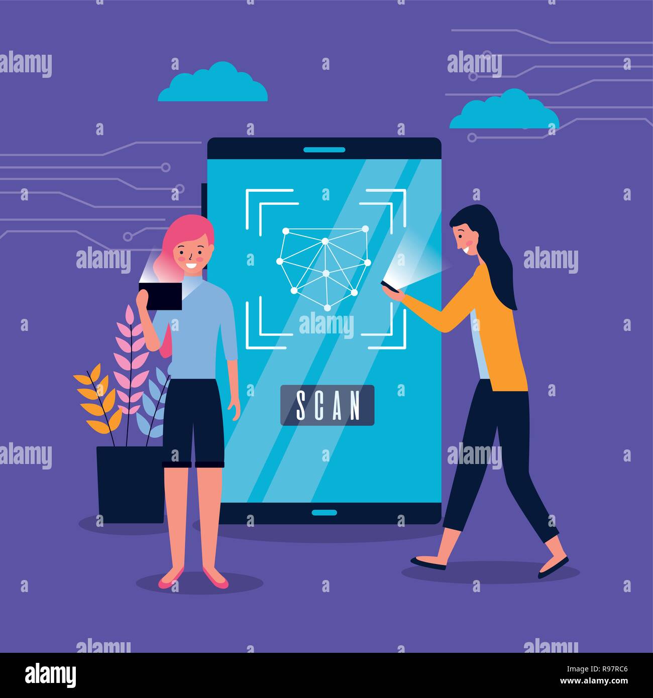 women using smartphone face scan biometric vector illustration Stock ...