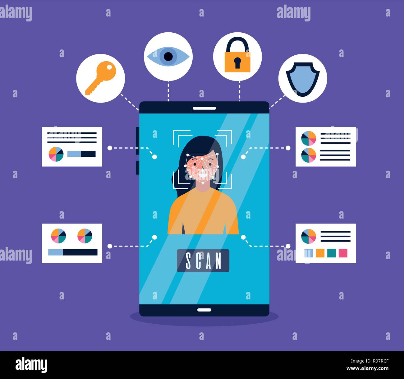 smartphone woman face scan recognition biometric vector illustration ...