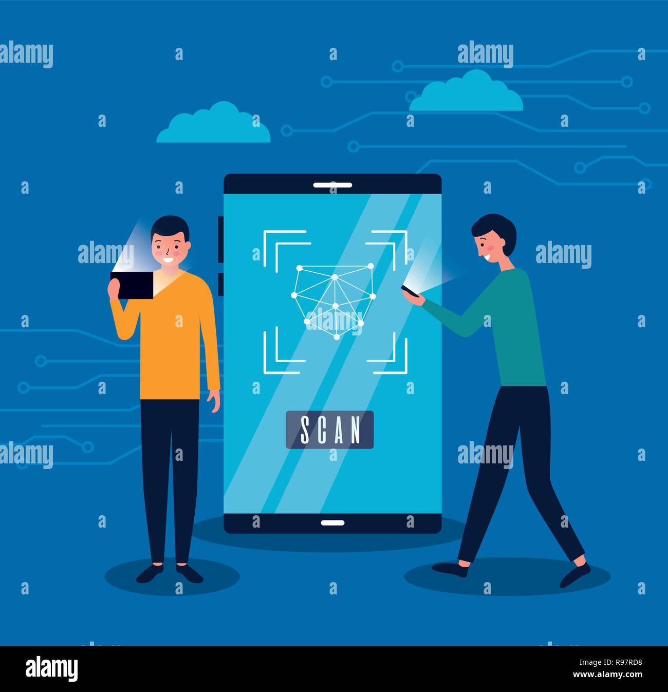 two men with mobile face scan digital vector illustration Stock Vector ...