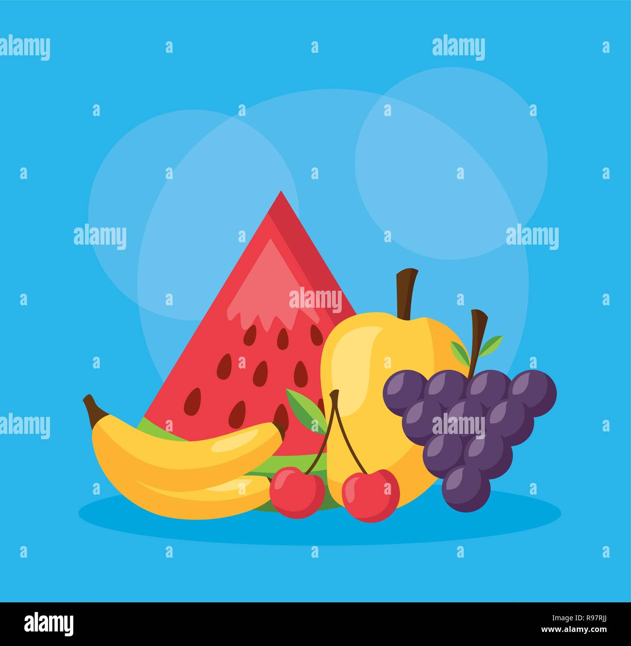 fresh healthy food fruits on blue background vector illustration Stock ...