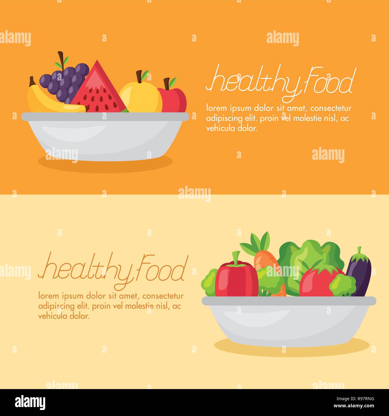 healthy food fresh bowls with vegetables and fruits vector illustration ...