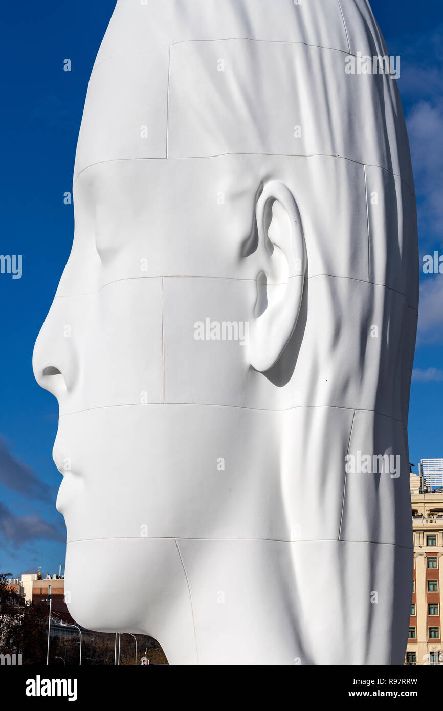 Face detail of Julia, white marble sculpture by Jaume Plensa in Plaza Colon, Madrid, Spain Stock Photo
