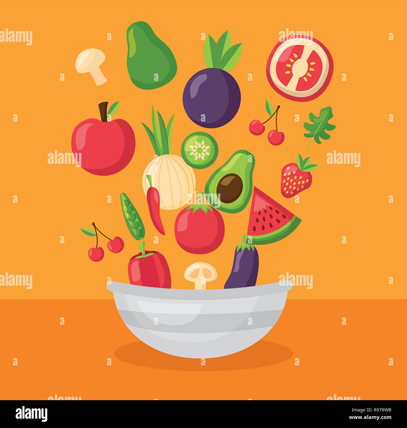vegetables fruits bowl fresh healthy food vector illustration Stock