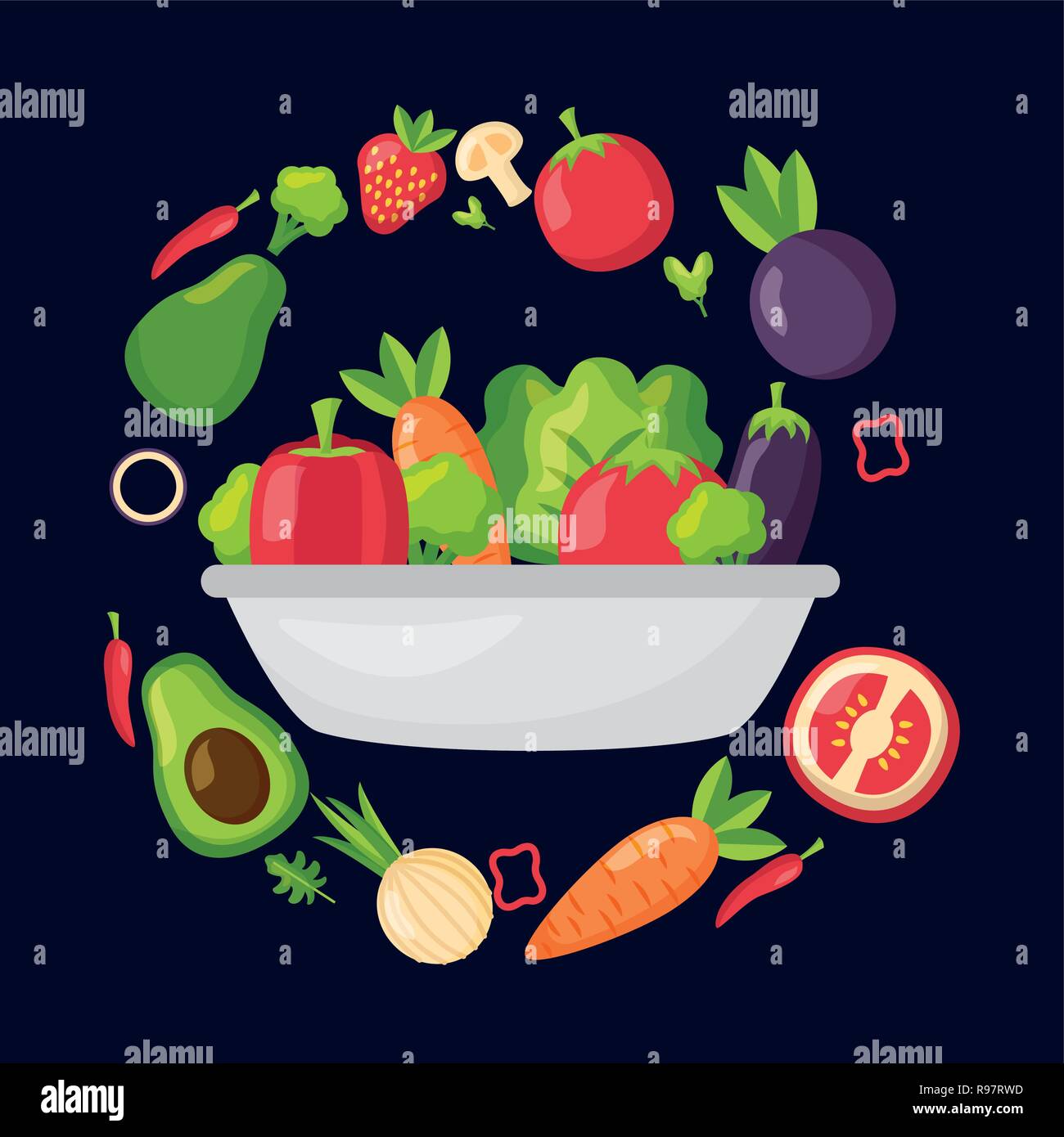 healthy food fruits vegetables on bowl vector illustration Stock Vector ...