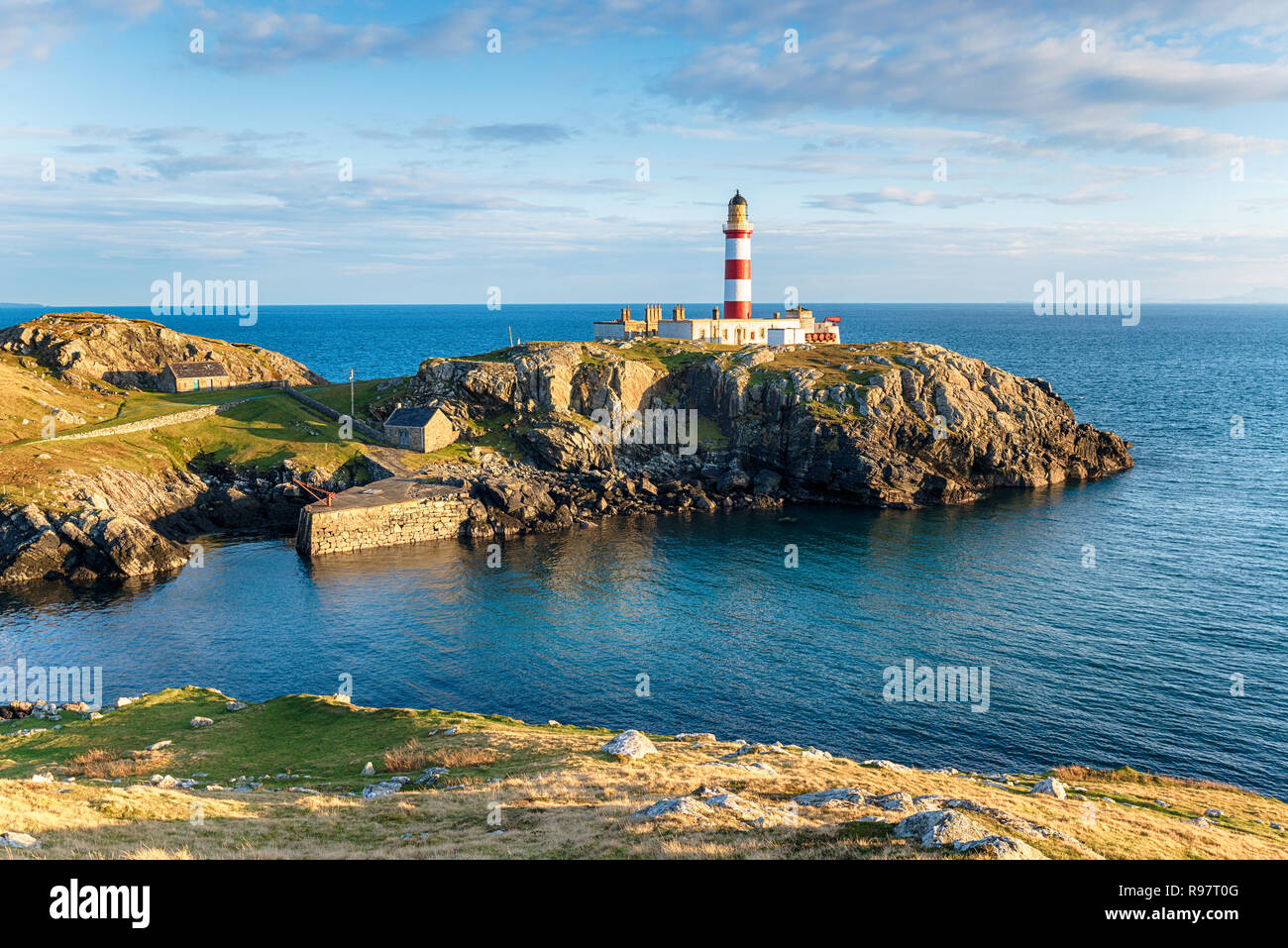 Eilean Glas Lighthouse on the Isle of Scalpay, a small isle of the Isle of Harris in the Outer Hebrides of Scotland Stock Photo