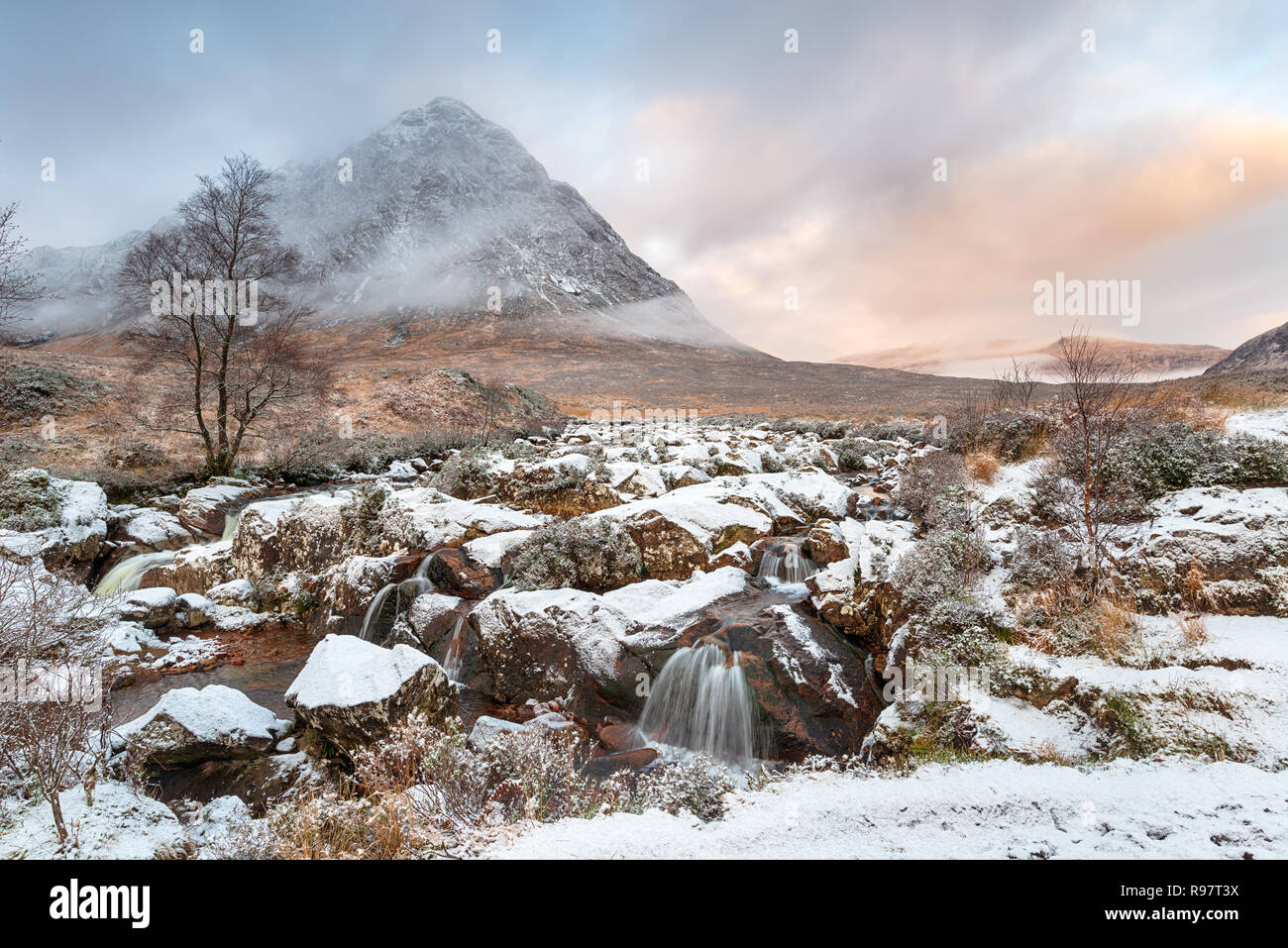 Winter weather at Glen Etive near Glencoe in the Scottish Highlands Stock Photo