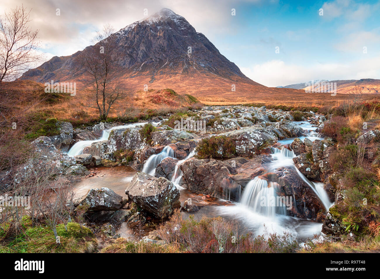The beautiful waterfalls at Glen Etive near Glencoe in the Scottish Highlands Stock Photo