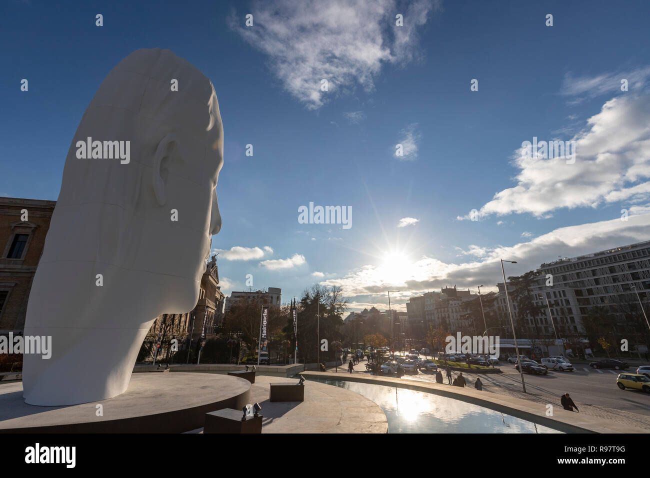 Julia, white marble sculpture by Jaume Plensa in Plaza Colon overlooking Paseo Recoletos and Spanish National Library, Madrid, Spain Stock Photo