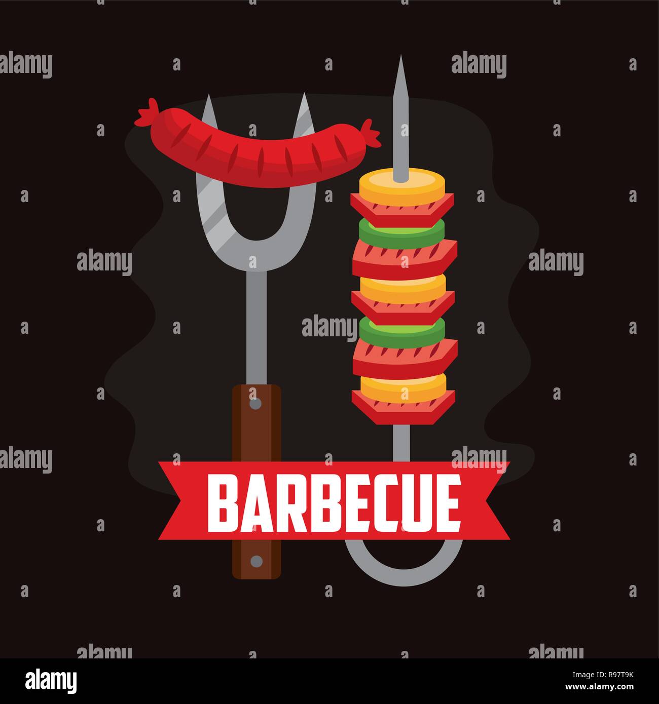 barbecue fork sausage skewers ribbon vector illustration Stock Vector ...