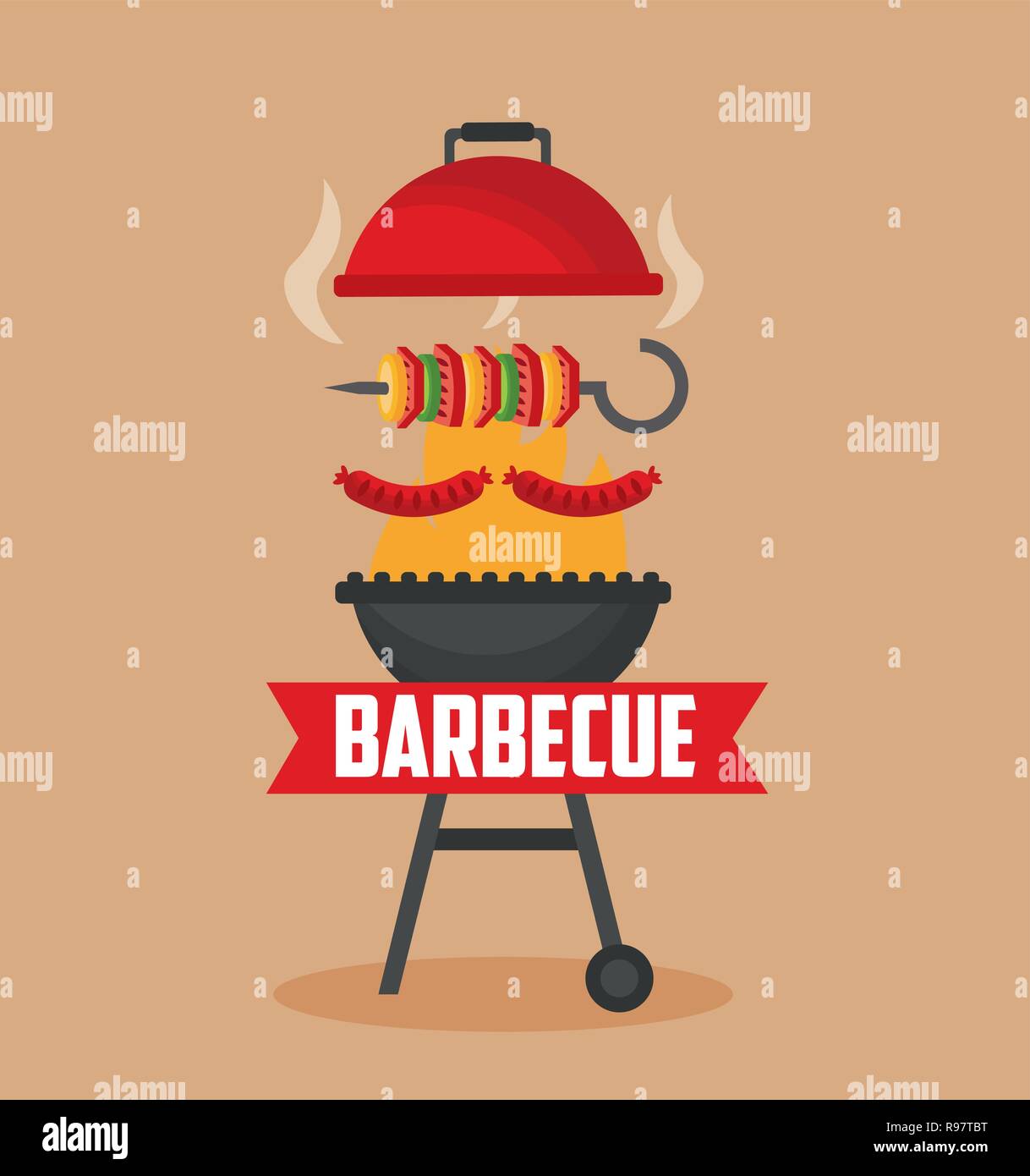 open grill fire skewers barbecue sausages vector illustration Stock ...