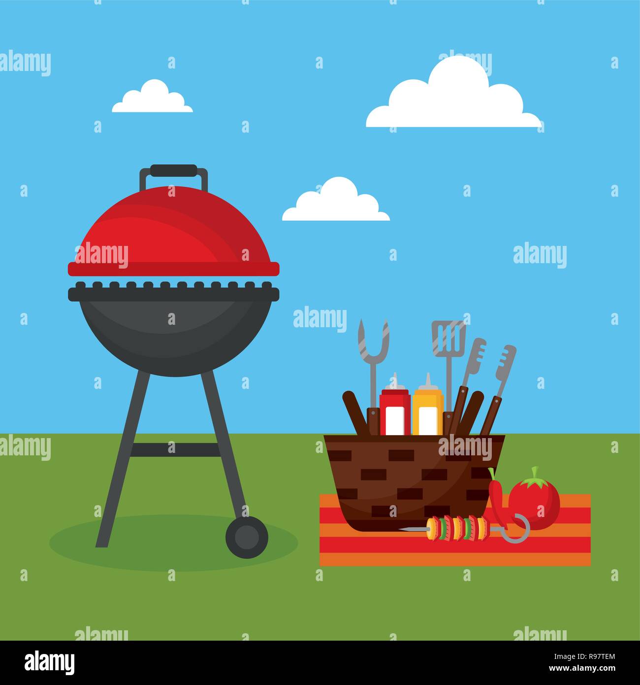 grill barbecue basket utensils food sauces picnic vector illustration ...