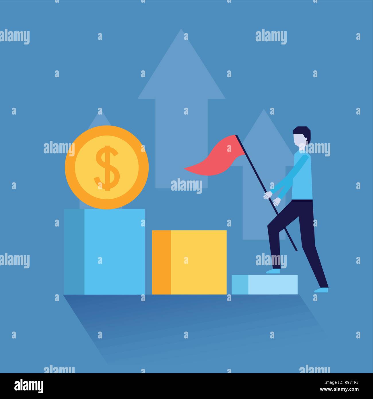 businessman success man holding flag progress top coin vector ...