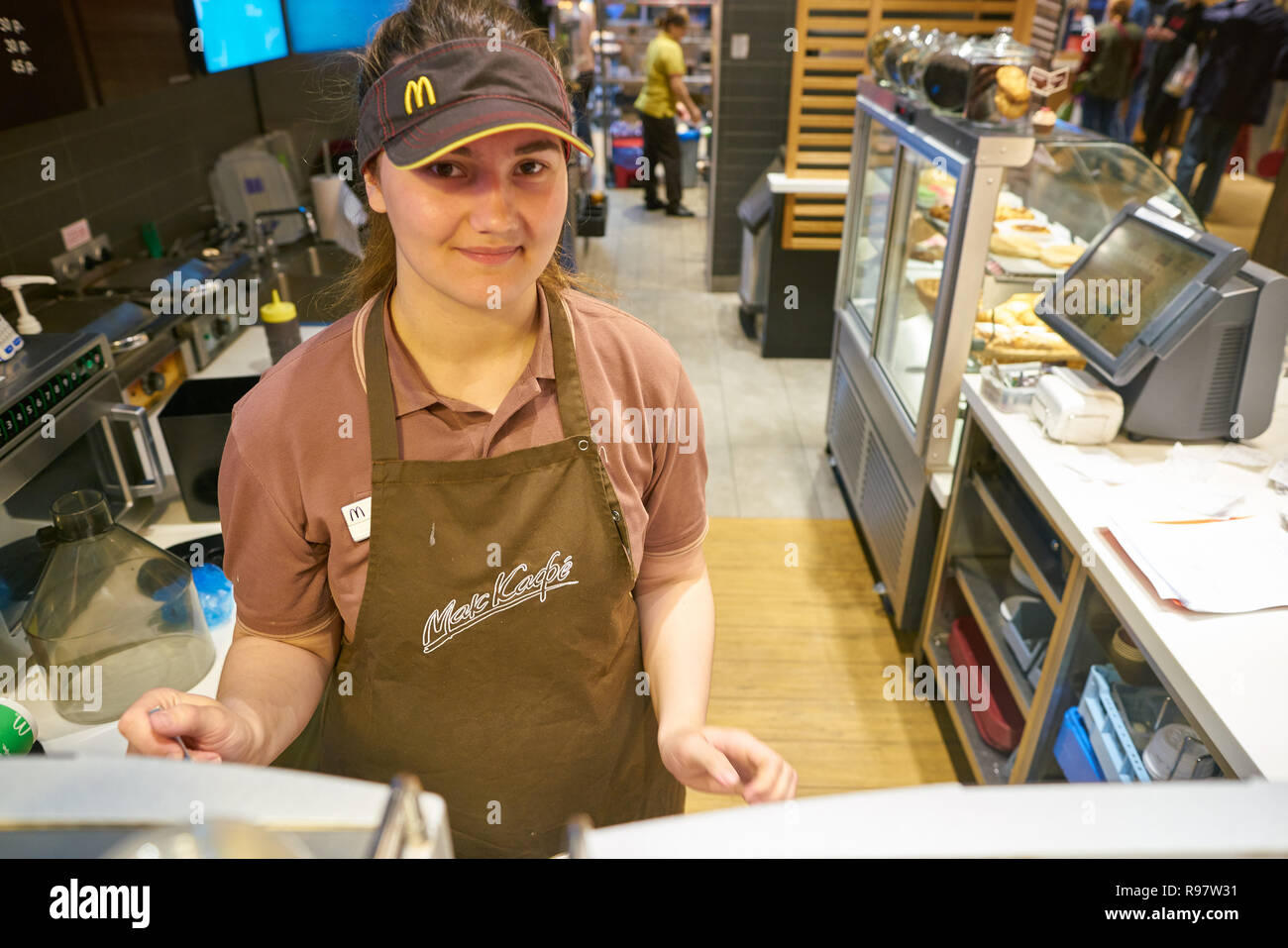 Mccafe Worker MOSCOW, RUSSIA - CIRCA MAY, 2018: worker at McCafe in Moscow Stock ...