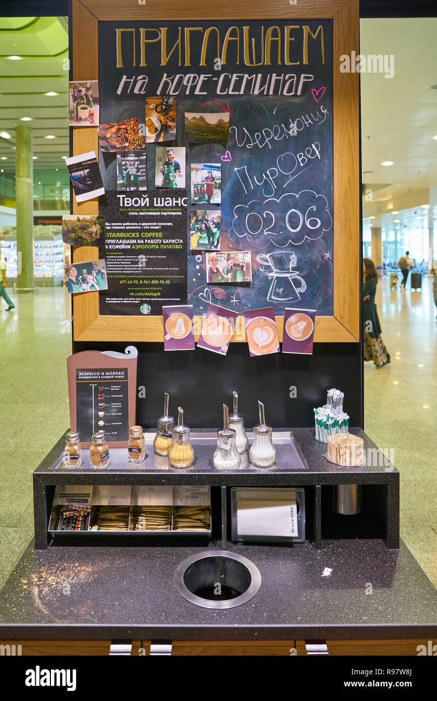 Saint Petersburg Russia Circa May 18 Blackboard At Starbucks Coffee In Pulkovo Airport Stock Photo Alamy