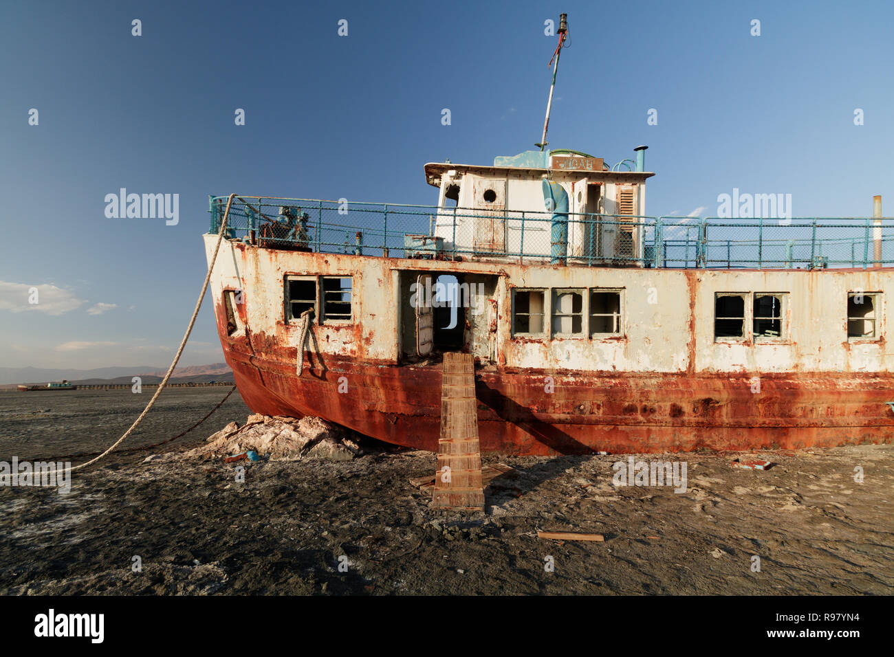 shipwreck in Urmia lake-Sharafkhaneh Port Stock Photo