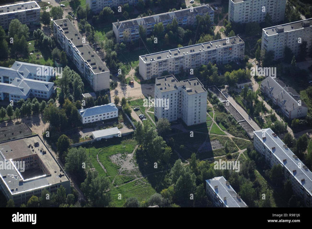 Kovrov, Russia. 17 August 2013. Kovrov town from the air. Area with multi-story buildings Stock Photo