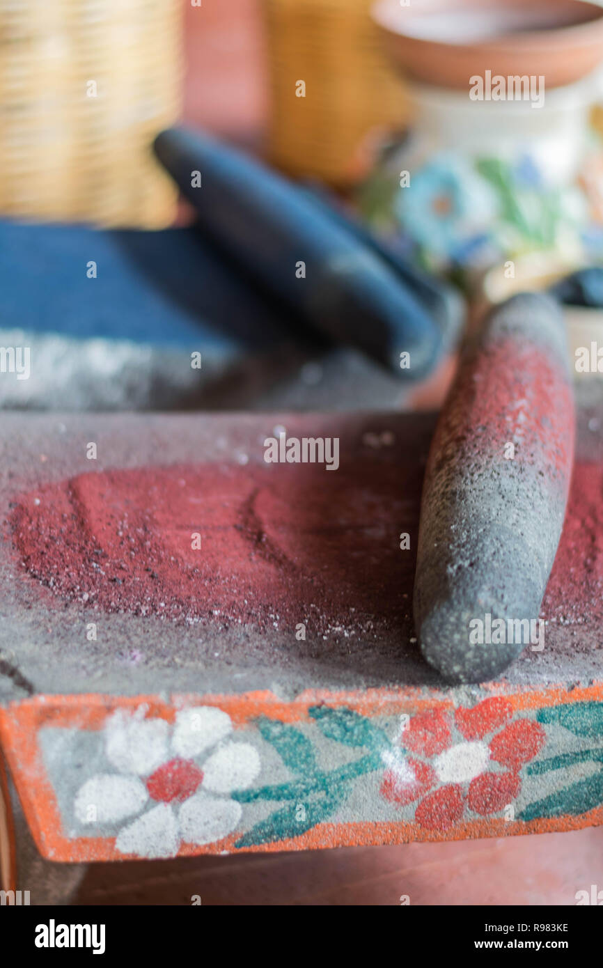 Isolated, upclose shot of decorative grinding stones with red and blue