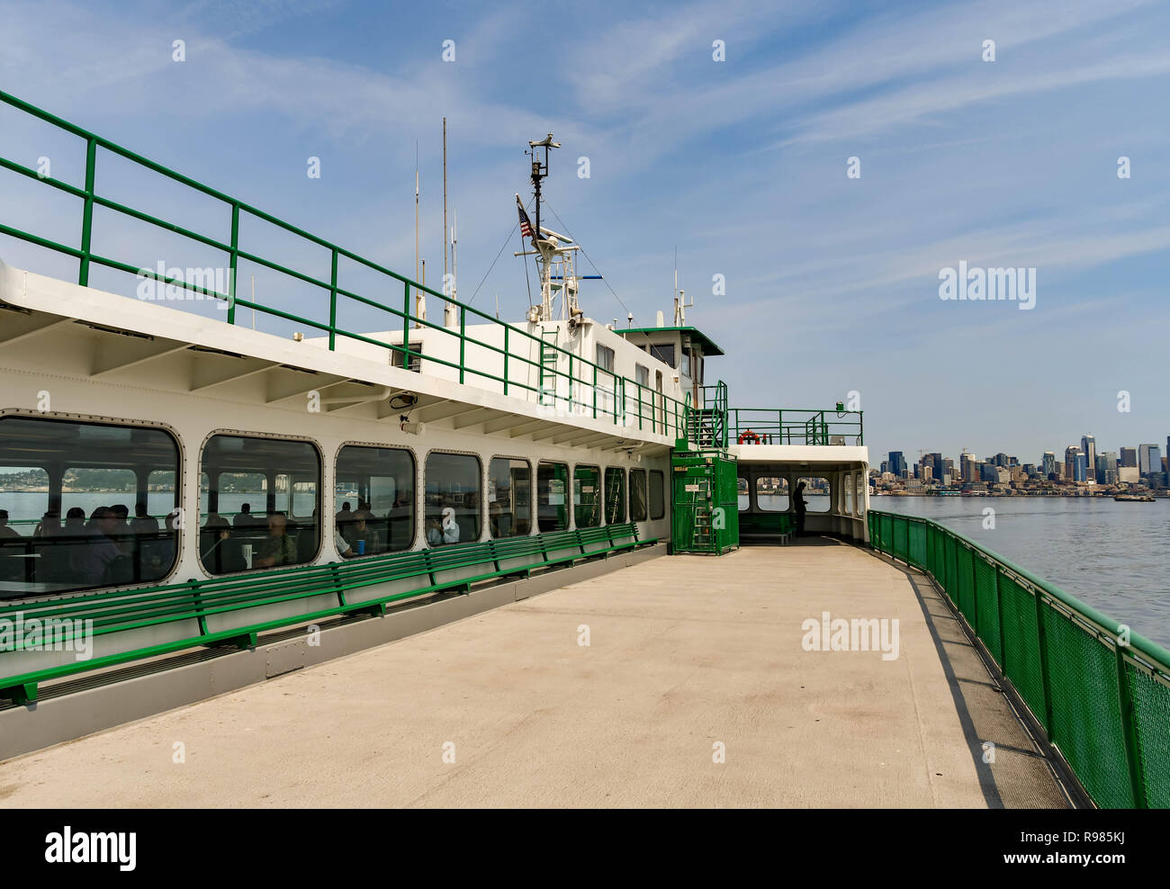 EN ROUTE BREMERTON TO SEATTLE - JUNE 2018: Deck of a large car and passenger ferry as it approaches Seattle at the end of its journey from Bremerton. Stock Photo